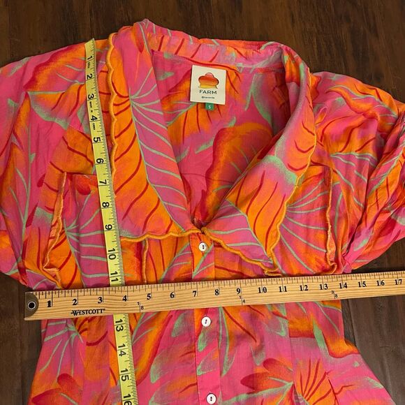 ANTHROPOLOGIE FARM RIO Bright Forest Midi Dress Pink Orange Puff Sleeve - Picture 15 of 16